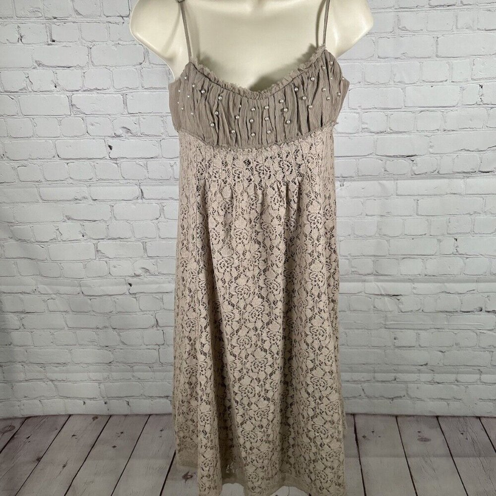 Intuitions Brown Floral Silk Blend Adjustable Spaghetti Strap Beaded Dress 4